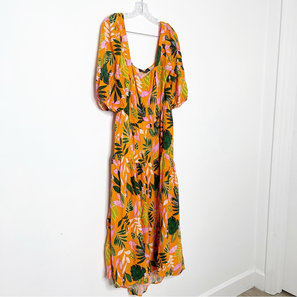 Eloquii Plant Floral Print Orange Puff Sleeve Plus Size Dress 14